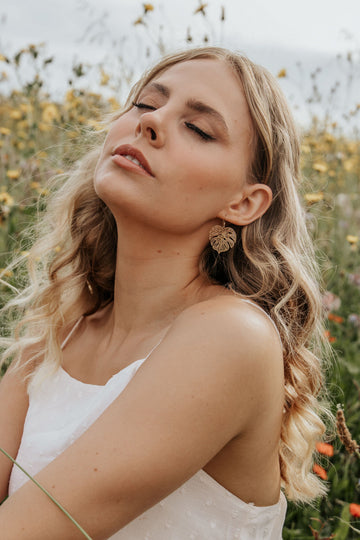 Wisteria London Gold Monstera Drop Earrings Wisteria London